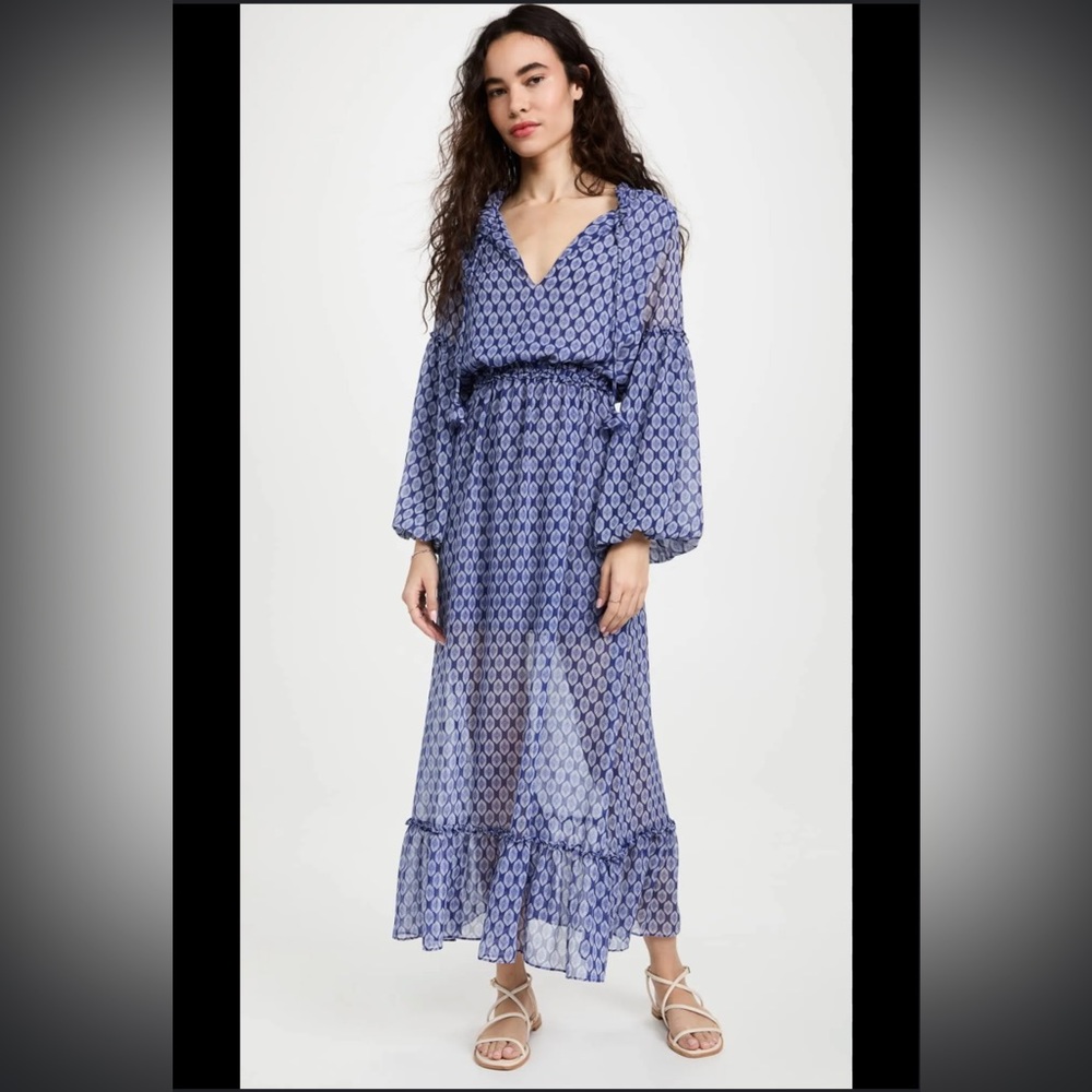 Miss Los Angeles Amata Geometric Peasant Maxi Dress XS Blue White